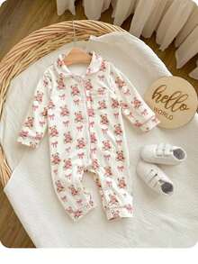 Newborn Baby Girl Cute Casual Knit Colorblock Cartoon Pattern Long Sleeve Romper - Multicolor - View 3