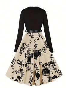 EMERY ROSE Women Elegant Floral Print Round Neck Long-Sleeved Dress With Large Swing Hem For Spring/Summer Maxi Women Outfit - Apricot - View 2