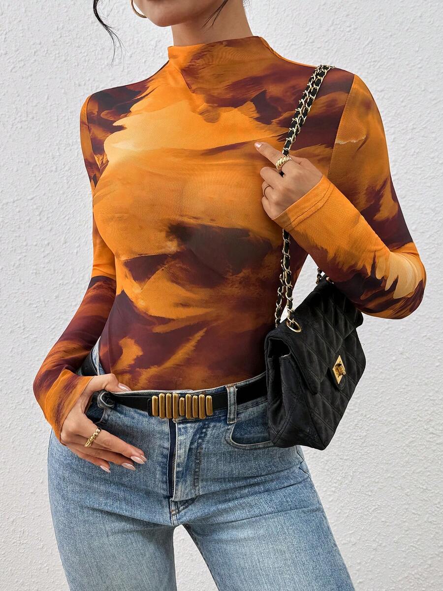 Allurite 女式休闲扎染高领修身长袖上衣，秋季 - 棕色 - 查看 1