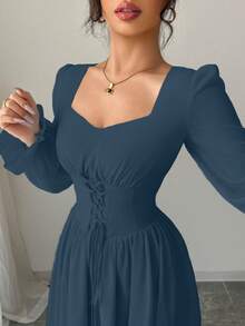 Modelyn 优雅纯色甜心领长袖束腰连衣裙，法式时尚 - 水鴨藍 - 查看 3