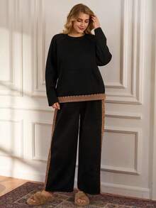 Rosumi Plus Size Women Black 2 Pieces Set Contrast Lace Raglan Sleeve Sweatshirt And Wide Leg Pants,Autumn Smart Casual Everyday Cozy Fall Winter Clothes - Black - View 3