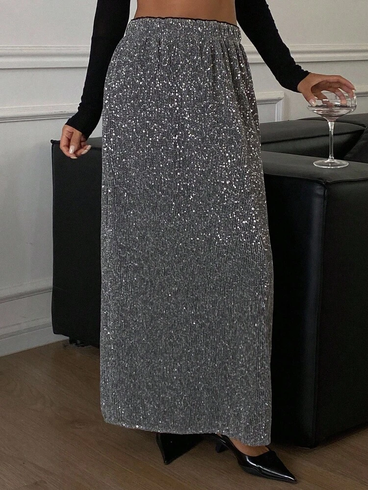 Women's Fashionable Party Sequin Backless Slit Hem Straight Skirt Carnival