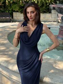 Aloruh Đầm dự tiệc Maxi lưới cổ khoét sâu, co giãn ôm sát eo thời trang mới, gợi cảm và thon gọn - Màu xanh hải quân - Xem 3