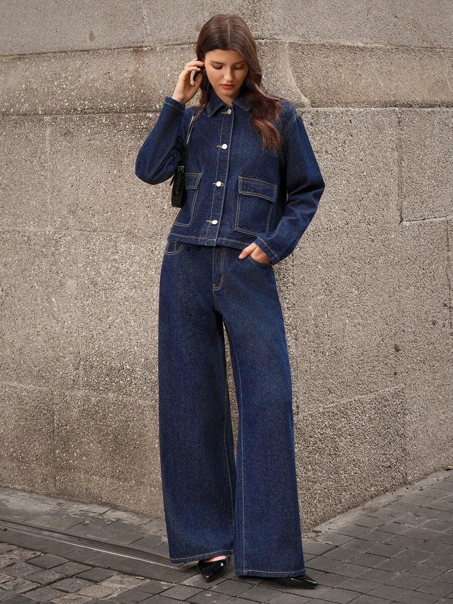 SHEIN Frenchy 女式落肩短款时尚百搭休闲前扣牛仔套装 - 藍色 - 查看 1