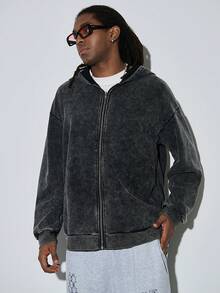 Modcrash 秋冬季“顺其自然”图案男士连帽卫衣，略带弹性的做旧水洗棉黑色长袖开衫拉链卫衣，户外日常休闲外套 - 黑色 - 查看 6