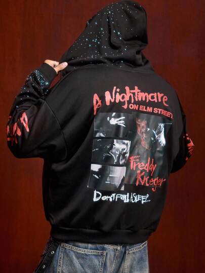 A Nightmare on Elm Street X ROMWE Sudadera con gráfico de letras y adornos de rhinestone, adecuada para otoño/invierno