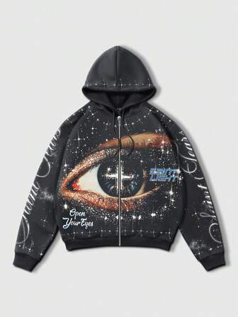 Street Life Sudadera con capucha con cremallera, cordón y forro térmico con estampado de letras y ojos para hombre, otoño/invierno