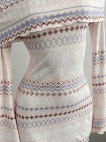 Comfortcana Women's Geometric Print Off Shoulder Flare Sleeve Mini Dress - Multicolor - View 5