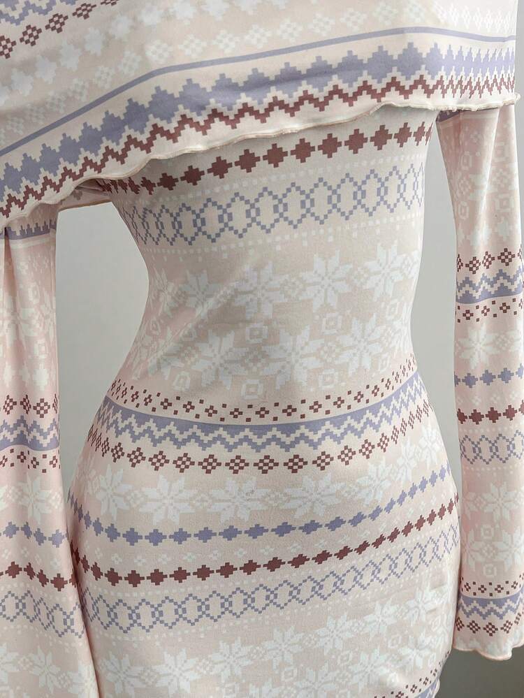 Comfortcana Women's Geometric Print Off Shoulder Flare Sleeve Mini Dress - Multicolor - View 5