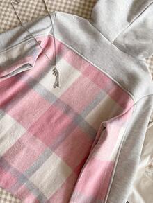 2pcs/Set Casual Plaid Patchwork Sweatshirt For Tween Girls Comfortable & Thick For Outdoor Activities - Light Grey - View 4