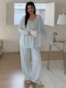 Dazy Plus 2件組條紋拼接荷葉邊休閒睡衣套裝，大尺碼女款春/秋、秋冬衣物睡衣 - 藍色 - 查看 5