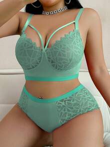 SHEIN 2 件大码无线蕾丝拼布 Bralette 套装蓝绿色内衣套装，蕾丝内衣套装蓝绿色文胸和内裤套装 2 件内衣套装，提升 - 綠色 - 查看 5