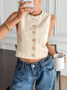 Serisse 女式时尚优雅无袖衬衫，配有海星形纽扣和口袋 - 白色 - 查看 2