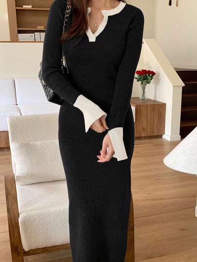 DAZY 复古法式修身拼色长袖毛衣裙