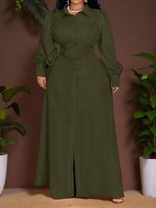 Veslaya 優雅軍綠色女款大尺碼 Najma 秋季洋裝，燈籠袖長版生日禮服，橄欖綠秋冬新款服飾 - 軍綠色 - 查看 15