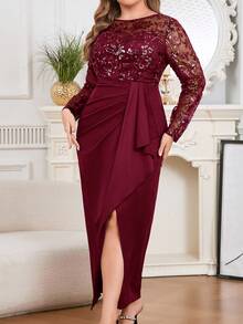 Modelyn 加大码优雅派对妻子刺绣网眼拼布裹身裙 - 酒紅色 - 查看 6