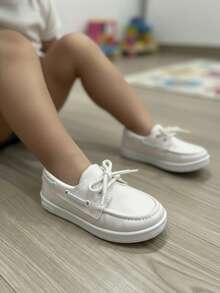 Zapato para niño transpirable costuras decorativas punta redonda cordones suela plana estilo náutico casual escolar mocasín - Blanco - Ver 3