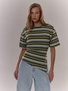 MUSERA 收腰条纹长款侧开衩上衣，可爱休闲，秋季度假性感优雅酷炫街头风基础款，清新女孩机场时尚，优雅春夏假日风。 - 彩色 - 查看 5