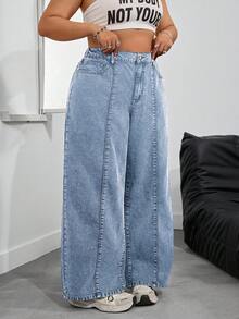 SHEIN Tall CURVE 大码女式宽松口袋阔腿休闲牛仔裤 - 藍色 - 查看 1