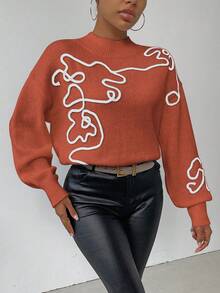 SHEIN LUNE 女式休闲度假风格图案立领落肩宽松灯笼袖毛衣，秋冬 - 珊瑚橙 - 查看 4