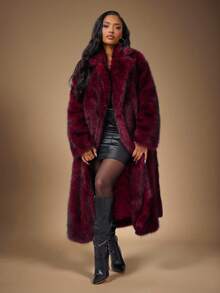 Radiana 优雅酒红色仿皮草长款外套，配腰带，保暖滑雪服外套，柔软蓬松的皮草大衣，适合秋冬季节；适合约会、聚会、派对、夜店、夜生活、圣诞节、新年、宴会、舞会、节日、派对；盛大晚宴；毕业舞会礼服 - 酒紅色 - 查看 1