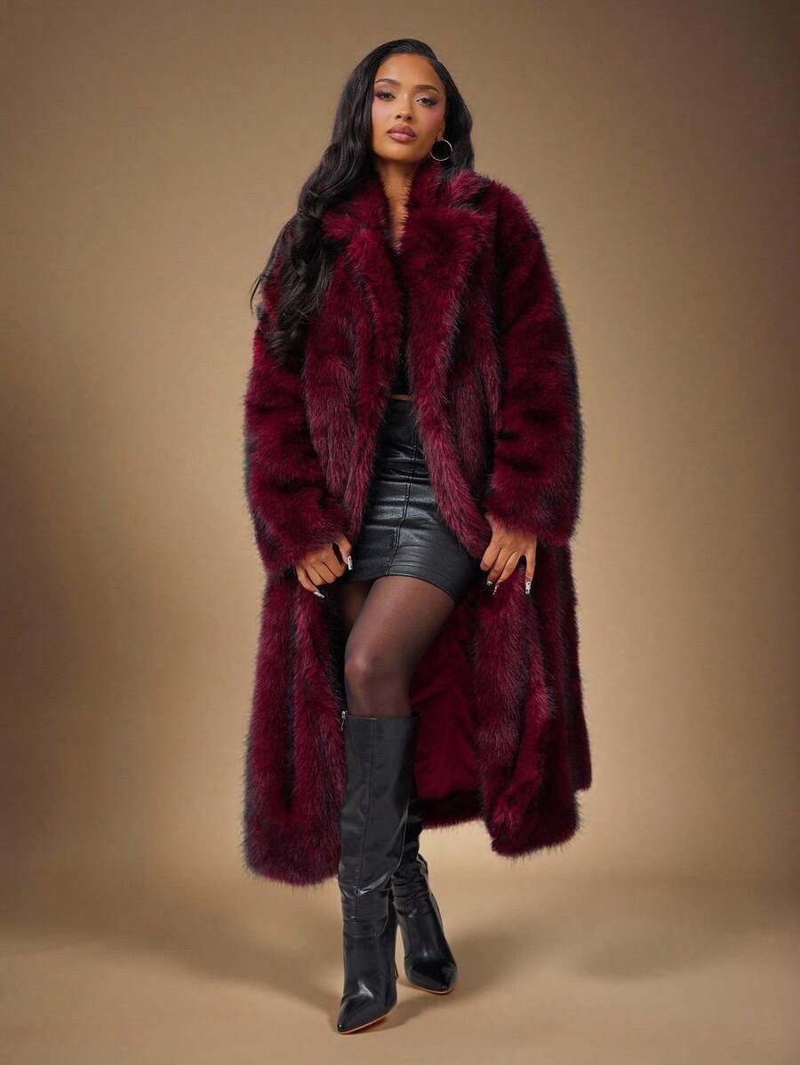Radiana 优雅酒红色仿皮草长款外套，配腰带，保暖滑雪服外套，柔软蓬松的皮草大衣，适合秋冬季节；适合约会、聚会、派对、夜店、夜生活、圣诞节、新年、宴会、舞会、节日、派对；盛大晚宴；毕业舞会礼服 - 酒紅色 - 查看 1
