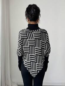 Elenzga Women's Elegant High Neck Geometric Textured Poncho Sweater, Colorblock, Suitable For Home & Travel, Spring/Autumn - Grey - View 2