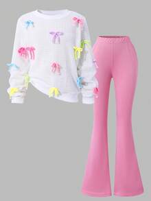 SHEIN Tween Girls' Pink Autumn Cute School Colorblock Bowknot Hollow Textured Sweatshirt & Slim Flare Pants 2 Piece Set,Sweet&Casual,Suitable For Outings - White - View 6