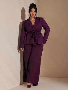 SHEIN BAE Conjunto de traje casual y elegante de manga larga con cruce envolvente para mujer de talla grande