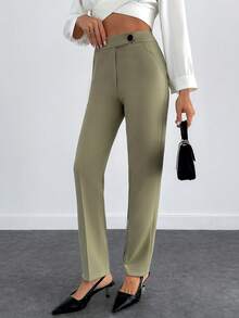 EURMUSE Women's Fashionable Versatile Solid Color High Waist Pants - Army Green - View 3