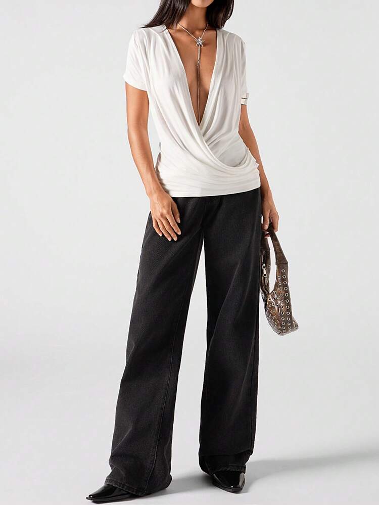 LYSMO T-shirt court à manches courtes, col V profond sexy et plissé, couleur unie pour femmes - Blanc - Voir 3