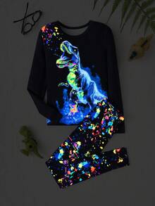 2 pièces Ensemble de pyjama à manches longues et pantalon ajusté avec imprimé luminescent pour garçons