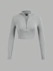 SHEIN EZwear 3 件女式罗纹面料拉链高领长袖 T 恤套装，适合春秋季 - 彩色 - 查看 7