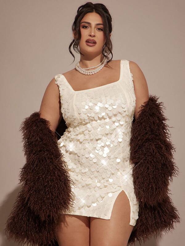 SHEIN BAE Vestido de fiesta con lentejuelas blancas para mujer de talla grande
