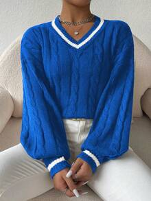 SHEIN PETITE 女式撞色 V 领落肩长袖麻花针织宽松套头衫 - 藍色 - 查看 4