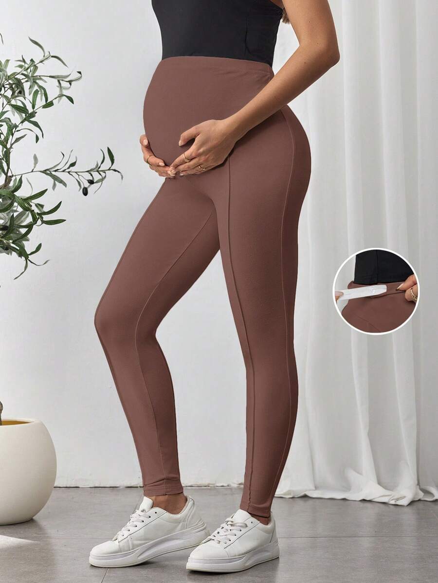 SHEIN Maternity Solid Color Casual High Elasticity Slim Fit High Waist Leggings - Brown - View 1