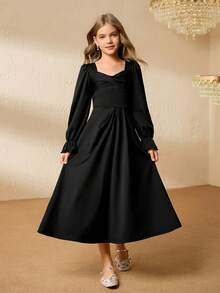 Tween Girl Elegant Minimalist Vintage Square Neck Regular-Shoulder Long Sleeve High Waist Maxi Solid Color Dress, Tween Girl Black Dress, Fashionable Dress For Autumn, All Season School Dress