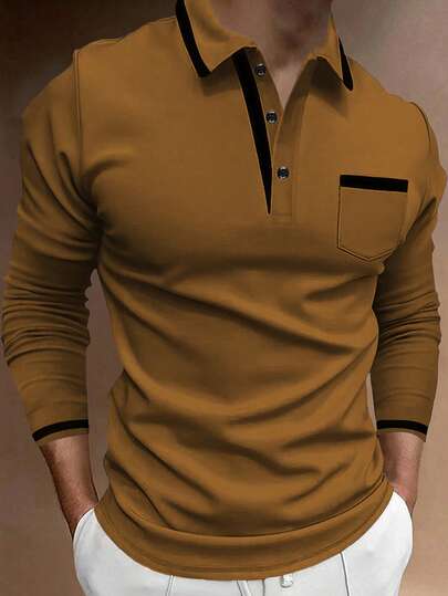 Manfinity Homme 男士休闲撞色滚边纽扣半开襟贴袋长袖 Polo 衫，秋季金色男士衬衫，男士休闲上衣，男士棕色上衣，男士卡其色衬衫，男士长袖 Polo 衫