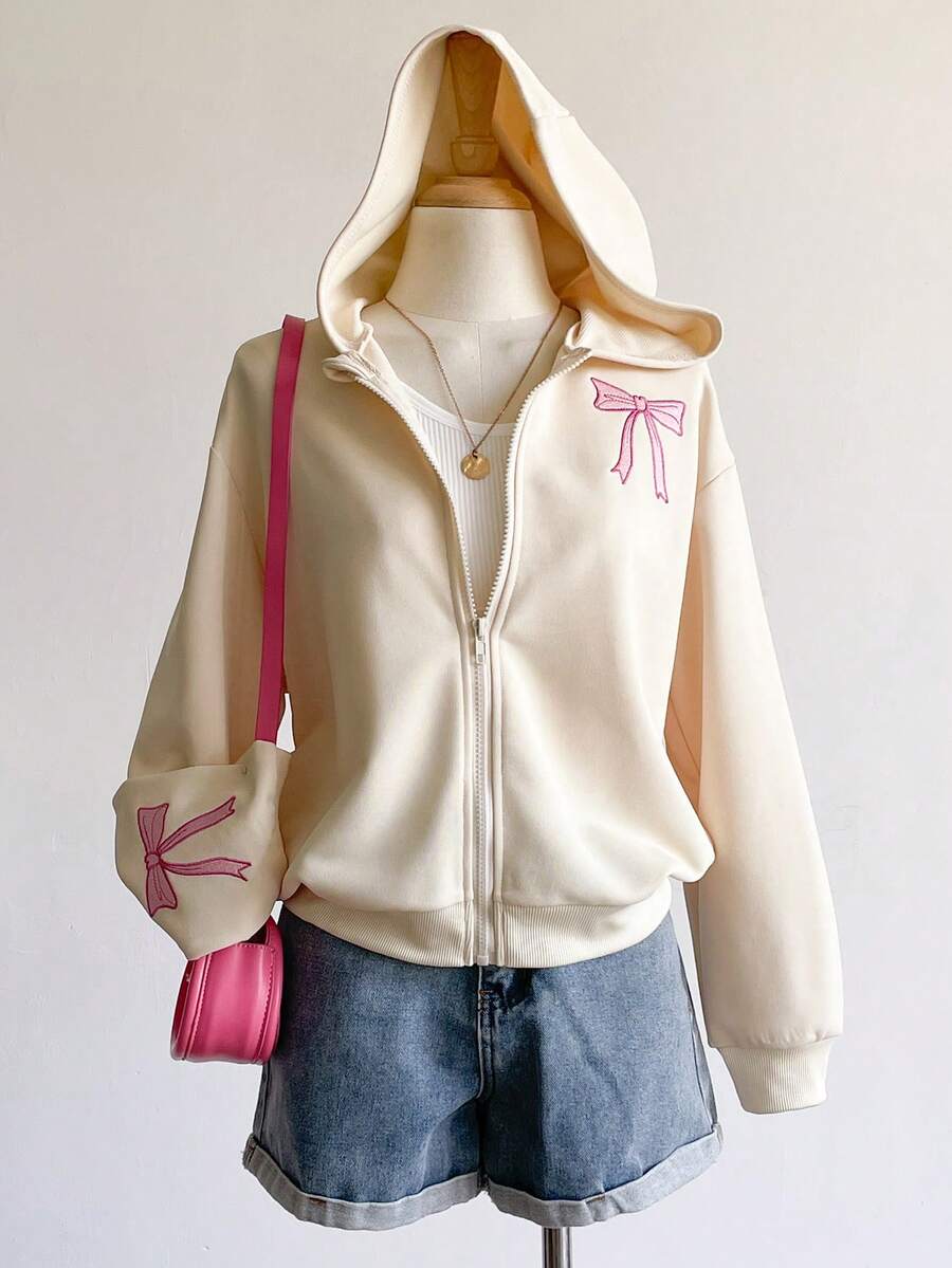 Sweetra Young 1 件女童拉链连帽夹克，长袖，抽绳腰部，背部和袖子上有蝴蝶刺绣图案 - 杏色 - 查看 1