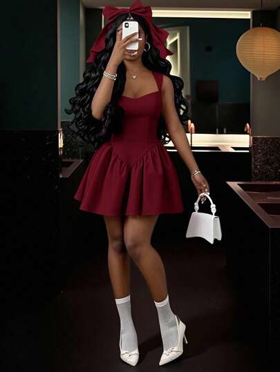 Slaydiva 2025 新款春夏大码女式复古西部/热带/音乐节/俱乐部/公路旅行//休闲/城市休闲/毕业约会/优雅度假/公主风格度假连衣裙，紫红色心形领口拼接甜心领口荷叶边下摆 A 字迷你连衣裙