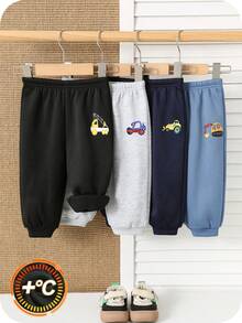 SHEIN 4 件套加厚保暖内衬慢跑裤，男童女童秋冬装，舒适休闲日常服装，简约交通图案，适合室内、户外、日常穿着、运动、派对、拍照、节日、街头服饰