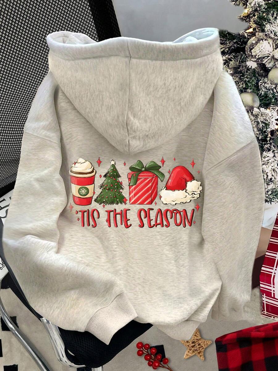 SHEIN Áo nỉ dài tay giữ ấm, lót bông, in hình cây thông Noel, dành cho nữ, thích hợp mặc mùa thu/đông. - Màu Xám nhạt - Xem 1