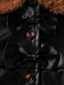 SHEIN Baby Girls' Faux Fur Collar Bow Decor Trench Coat, Autumn/Winter - Black - View 6