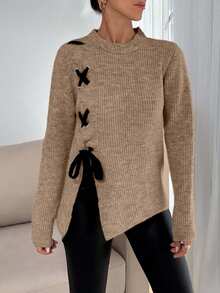 SHEIN Tall Tall Casual Contrast Color Cross Cord Placement Rib Knit Sweater With Slit - Beige - View 5