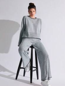 EURMUSE Color Block Trim Crop Knitted Sweater And Long Pants Set, Casual For Autumn/Winter - Grey - View 4