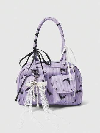 Kawaii 1 pezzo Borsa shopping in stile gotico di grande capacità, in velluto a coste viola con stampa a pipistrello, decorata con fiocco e perle, di moda e portatile per le donne
