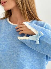 EURMUSE Beige Knit Pullover With Black Ribbed Edges And Sleeve Ribbon Ties - Baby Blue - View 5