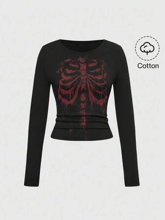 Goth Camiseta de mujer vintage sexy con estampado de esqueleto oscuro y punk horror