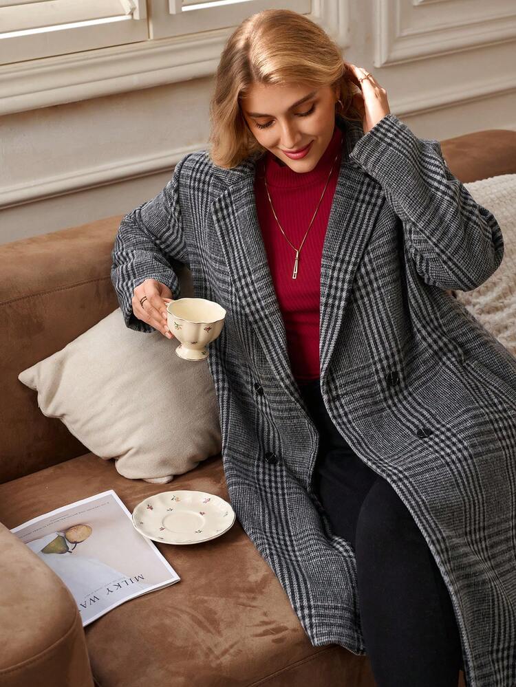 Plus Size Fashionable Commuter Plaid Double-Breasted Overcoat Winter For Women Plaid Coat Women's Winter Overcoat Christmas New Year Elegant Women Stylish Collection Long Overcoat For Women