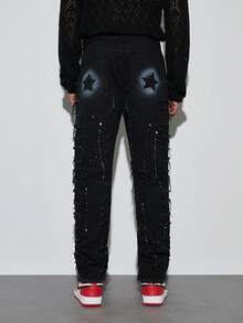 Modcrash 男士时尚层叠流苏星形彩绘牛仔裤，Emo风格春夏款，复古美式，男女皆宜，宽松版型夏季服装——适合日常穿着和夏季度假穿着。 - 黑色 - 查看 2